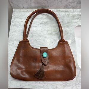 Vintage Two Bar West Brown Leather Double Handle Shoulder Bag w/ Turquoise Beads